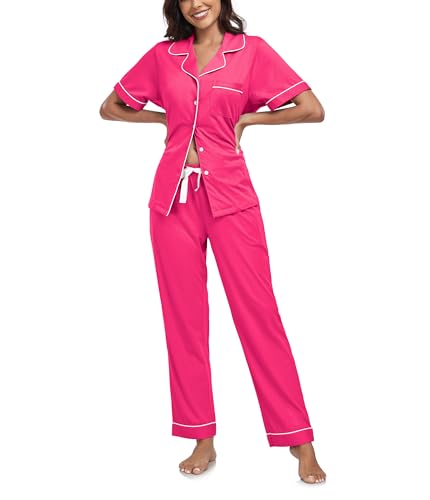 COLORFULLEAF Schlafanzug Damen mit Knopfleiste 100% Baumwolle Kurzarm Pyjama Set Zweiteiliger Oberteil und Pyjamahose Nachtwäsche(Heißes Rosa,XL) von COLORFULLEAF