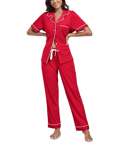 COLORFULLEAF 100% Baumwolle Damen Schlafanzug mit Knopfleiste Nachtwäsche Pyjama Set Zweiteiliger Kurzarm Lange Hose Hausanzug(Kirsche,M) von COLORFULLEAF