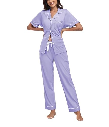 COLORFULLEAF Schlafanzug Damen mit Knopfleiste 100% Baumwolle Kurzarm Pyjama Set Zweiteiliger Oberteil und Pyjamahose Nachtwäsche(Lavendel,M) von COLORFULLEAF