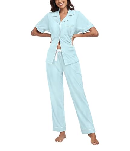 COLORFULLEAF Schlafanzug Damen mit Knopfleiste 100% Baumwolle Kurzarm Pyjama Set Zweiteiliger Oberteil und Pyjamahose Nachtwäsche(Meersalz Blau,XXL) von COLORFULLEAF
