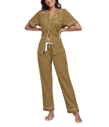 COLORFULLEAF 100% Baumwolle Damen Schlafanzug mit Knopfleiste Nachtwäsche Pyjama Set Zweiteiliger Kurzarm Lange Hose Hausanzug(Olivgrün,L) von COLORFULLEAF