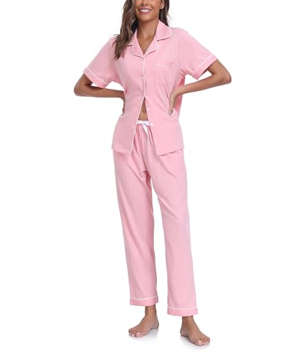 COLORFULLEAF 100% Baumwolle Damen Schlafanzug mit Knopfleiste Nachtwäsche Pyjama Set Zweiteiliger Kurzarm Lange Hose Hausanzug(Rosa XXL) von COLORFULLEAF