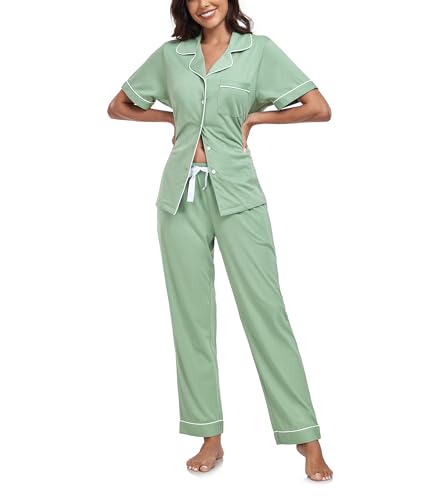 COLORFULLEAF Schlafanzug Damen mit Knopfleiste 100% Baumwolle Kurzarm Pyjama Set Zweiteiliger Oberteil und Pyjamahose Nachtwäsche(Sage Green,M) von COLORFULLEAF