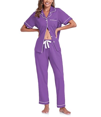 COLORFULLEAF 100% Baumwolle Damen Schlafanzug mit Knopfleiste Nachtwäsche Pyjama Set Zweiteiliger Kurzarm Lange Hose Hausanzug(Veilchen L) von COLORFULLEAF