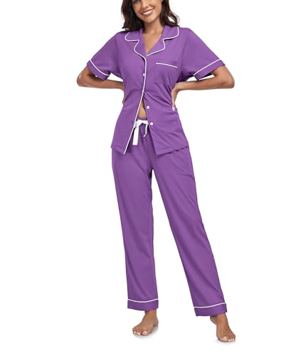 COLORFULLEAF Schlafanzug Damen mit Knopfleiste 100% Baumwolle Kurzarm Pyjama Set Zweiteiliger Oberteil und Pyjamahose Nachtwäsche(Veilchen,L) von COLORFULLEAF