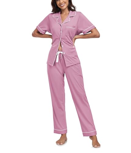 COLORFULLEAF Schlafanzug Damen mit Knopfleiste 100% Baumwolle Kurzarm Pyjama Set Zweiteiliger Oberteil und Pyjamahose Nachtwäsche(Düstere Rose,L) von COLORFULLEAF