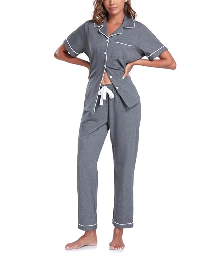 COLORFULLEAF 100% Baumwolle Damen Schlafanzug mit Knopfleiste Nachtwäsche Pyjama Set Zweiteiliger Kurzarm Lange Hose Hausanzug(Dunkelgrau M) von COLORFULLEAF