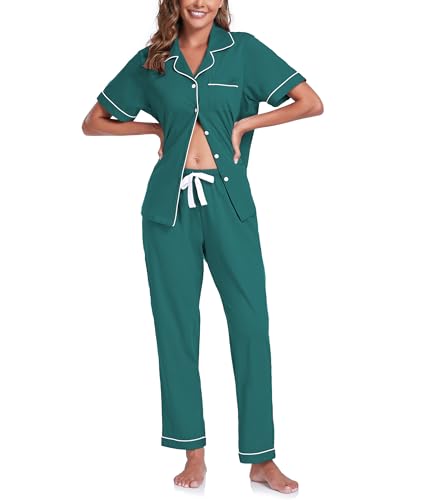 COLORFULLEAF 100% Baumwolle Damen Schlafanzug mit Knopfleiste Nachtwäsche Pyjama Set Zweiteiliger Kurzarm Lange Hose Hausanzug(Grün XL) von COLORFULLEAF