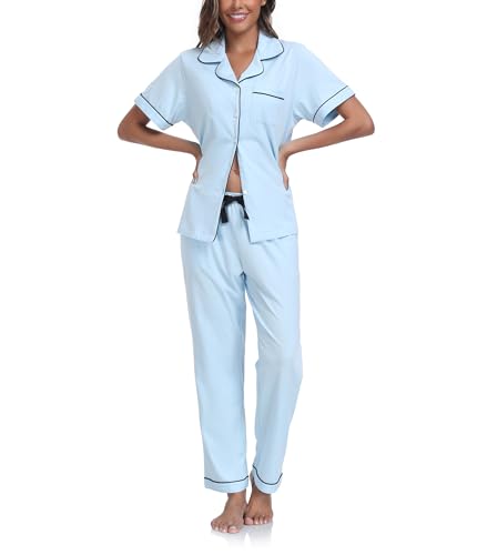 COLORFULLEAF 100% Baumwolle Damen Schlafanzug mit Knopfleiste Nachtwäsche Pyjama Set Zweiteiliger Kurzarm Lange Hose Hausanzug(Hellblau S) von COLORFULLEAF