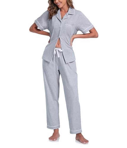 COLORFULLEAF 100% Baumwolle Damen Schlafanzug mit Knopfleiste Nachtwäsche Pyjama Set Zweiteiliger Kurzarm Lange Hose Hausanzug(Hellgrau M) von COLORFULLEAF