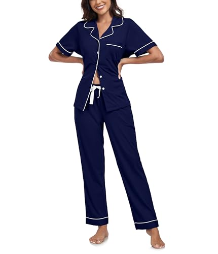 COLORFULLEAF Schlafanzug Damen mit Knopfleiste 100% Baumwolle Kurzarm Pyjama Set Zweiteiliger Oberteil und Pyjamahose Nachtwäsche(Navy Blau,XL) von COLORFULLEAF