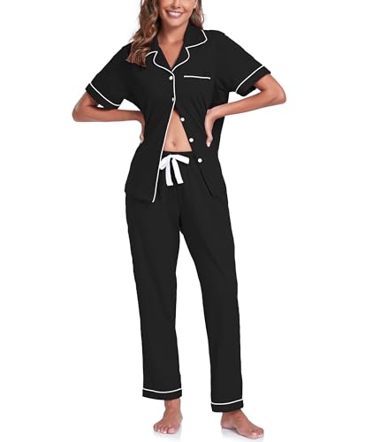 COLORFULLEAF 100% Baumwolle Damen Schlafanzug mit Knopfleiste Nachtwäsche Pyjama Set Zweiteiliger Kurzarm Lange Hose Hausanzug(Schwarz L) von COLORFULLEAF