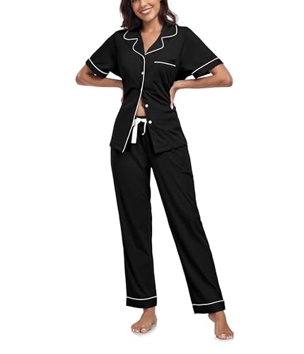 COLORFULLEAF 100% Baumwolle Damen Schlafanzug mit Knopfleiste Nachtwäsche Pyjama Set Zweiteiliger Kurzarm Lange Hose Hausanzug(Schwarz S) von COLORFULLEAF