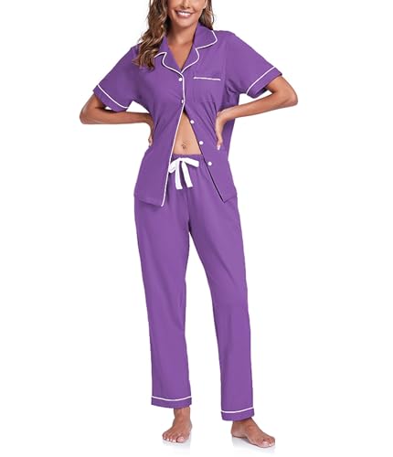COLORFULLEAF 100% Baumwolle Damen Schlafanzug mit Knopfleiste Nachtwäsche Pyjama Set Zweiteiliger Kurzarm Lange Hose Hausanzug(Veilchen XXL) von COLORFULLEAF