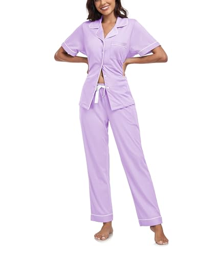 COLORFULLEAF Schlafanzug Damen mit Knopfleiste 100% Baumwolle Kurzarm Pyjama Set Zweiteiliger Oberteil und Pyjamahose Nachtwäsche(Violett,L) von COLORFULLEAF
