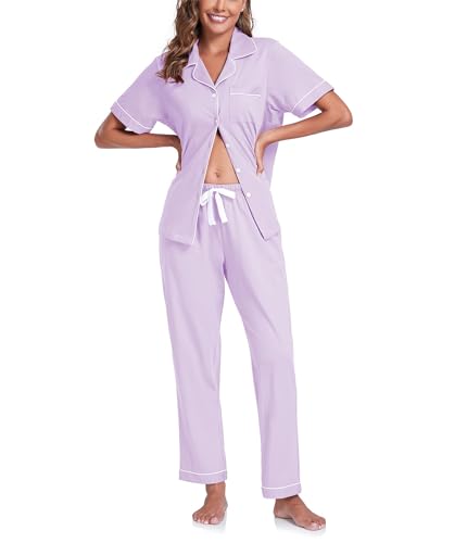 COLORFULLEAF 100% Baumwolle Damen Schlafanzug mit Knopfleiste Nachtwäsche Pyjama Set Zweiteiliger Kurzarm Lange Hose Hausanzug(Violett M) von COLORFULLEAF