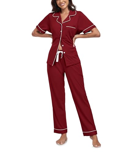 COLORFULLEAF Schlafanzug Damen mit Knopfleiste 100% Baumwolle Kurzarm Pyjama Set Zweiteiliger Oberteil und Pyjamahose Nachtwäsche(Weinrot,XXL) von COLORFULLEAF