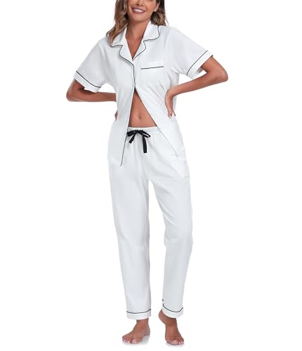 COLORFULLEAF 100% Baumwolle Damen Schlafanzug mit Knopfleiste Nachtwäsche Pyjama Set Zweiteiliger Kurzarm Lange Hose Hausanzug(Weiß L) von COLORFULLEAF