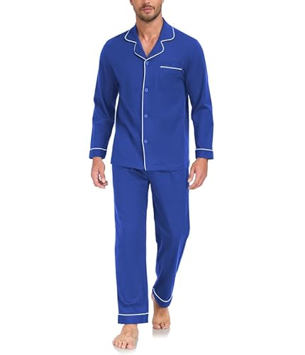 COLORFULLEAF 100% Baumwolle Herren Schlafanzug Lang Zweiteiliger Männer Pyjama Herren Schlafanzug mit Knopfleiste und Taschen S-XL(Kobaltblau,XL) von COLORFULLEAF
