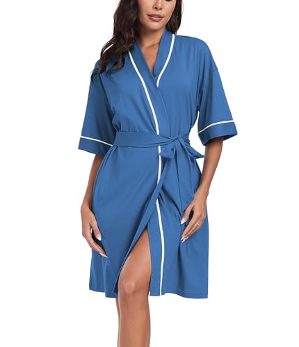COLORFULLEAF 100% Baumwolle Morgenmantel Damen Leicht Bademantel Kurz Sommer Kimono Grün Weich Kurzarm Morgenrock Nachtwäsche mit 2 Taschen(Azurblau,L) von COLORFULLEAF
