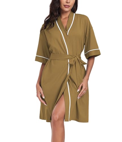COLORFULLEAF 100% Baumwolle Morgenmantel Damen Leicht Bademantel Kurz Sommer Kimono Grün Weich Kurzarm Morgenrock Nachtwäsche mit 2 Taschen(Olivgrün,S) von COLORFULLEAF