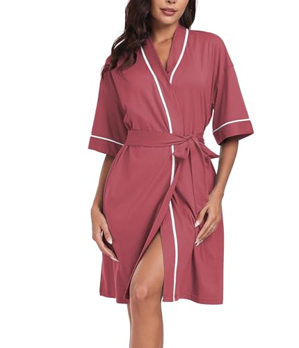 COLORFULLEAF 100% Baumwolle Morgenmantel Damen Leicht Bademantel Kurz Sommer Kimono Grün Weich Kurzarm Morgenrock Nachtwäsche mit 2 Taschen(Violettrot,S) von COLORFULLEAF
