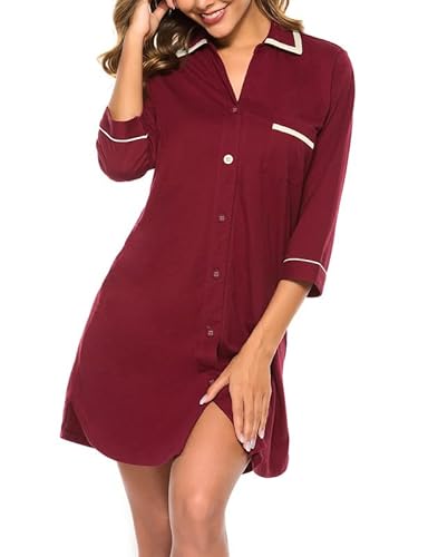 COLORFULLEAF Nachthemd Damen Baumwolle Sleepshirt 3/4-Ärmel Schlafshirt Nachtwäsche mit Knopfleiste(Weinrot,XL) von COLORFULLEAF