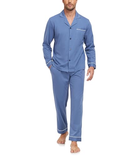 COLORFULLEAF 100% Baumwolle Schlafanzug Herren Lang Pyjama Set mit Knopfleiste Zweiteiliger Nachtwäsche Langarm Loungewear(Hellblau,L) von COLORFULLEAF