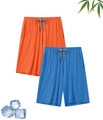 COLORFULLEAF 2er/3er Pack Schlafanzughose Herren Kurz Bambus Pyjamahose Schlafhose Weich Sommer Freizeithose für Männer(2A-Dunkelblau + Orange,L) von COLORFULLEAF