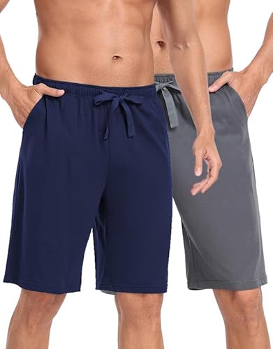 COLORFULLEAF Herren Schlafanzughose Kurz Baumwolle 2er-Pack Schlafshorts mit Taschen,Shorty Sleephose Sommer Pyjamahose Kurz(1 Stück Dunkelgrau+1 Stück Marineblau,L) von COLORFULLEAF