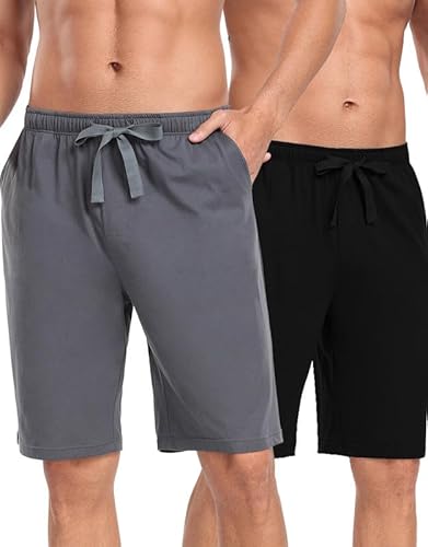 COLORFULLEAF Herren Schlafanzughose Kurz Baumwolle 2er-Pack Schlafshorts mit Taschen,Shorty Sleephose Sommer Pyjamahose Kurz(1 Stück Dunkelgrau+1 Stück Schwarz,S) von COLORFULLEAF