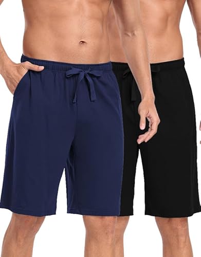 COLORFULLEAF Schlafanzughose für Herren Schlafhose Kurz Baumwolle Schlafshorts mit Taschen Pyjamahose Männer Kurz 2er-Pack(1 Stück Marineblau+1 Stück Schwarz,M) von COLORFULLEAF