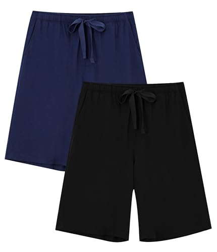 COLORFULLEAF Herren Schlafanzughose Kurz 100% Baumwolle Schlafhose Sommer Schlafshorts mit Taschen Pyjamahose Männer 2er Pack(Marineblau + Schwarz,S) von COLORFULLEAF