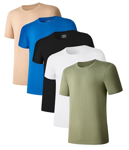 COLORFULLEAF 3/5er Pack Bambus Rundhals T-Shirt Herren Stretch Unterziehshirt Männer Einfarbig Business Arbeitstshirts(Blau/Grün/Schwarz/Creme Gelb/Weiß,L) von COLORFULLEAF