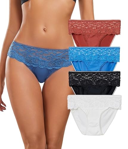 COLORFULLEAF Damen Unterwäsche Spitzen-Hipster Atmungsaktiver und Einfarbig Unterhosen Slips Unterwäsche Frauen 4er Pack（4C,M von COLORFULLEAF