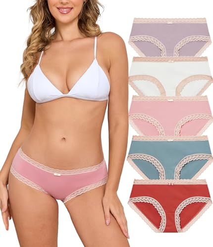 COLORFULLEAF Spitze Damen Unterwäsche Baumwolle Slips Stretch Atmungsaktiver Hipster Unterhosen Mehrpack（5C,L von COLORFULLEAF