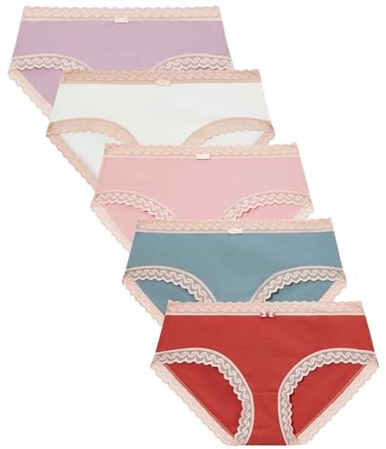 COLORFULLEAF 5er Damen Unterwäsche Baumwolle Bikini Panties und Spitze Hipster Stretch Atmungsaktiver Unterhosen Mehrpack（5C,M von COLORFULLEAF