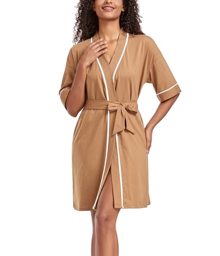 COLORFULLEAF Bademantel Damen Leicht 100% Baumwolle Kurz Sommer Morgenmantel Kimono Sauna 3/4 Ärmeln Roben Nachtwäsche mit 2 Taschen(Braun,2XL) von COLORFULLEAF