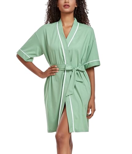 COLORFULLEAF Bademantel Damen Leicht 100% Baumwolle Kurz Sommer Morgenmantel Kimono Sauna 3/4 Ärmeln Roben Nachtwäsche mit 2 Taschen(Salbeigrün,2XL) von COLORFULLEAF