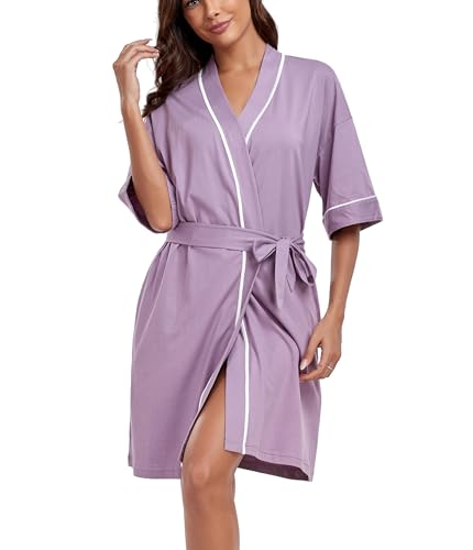 COLORFULLEAF Bademantel Damen Leicht 100% Baumwolle Kurz Sommer Morgenmantel Kimono Sauna 3/4 Ärmeln Roben Nachtwäsche mit 2 Taschen(Taro Lila,S) von COLORFULLEAF
