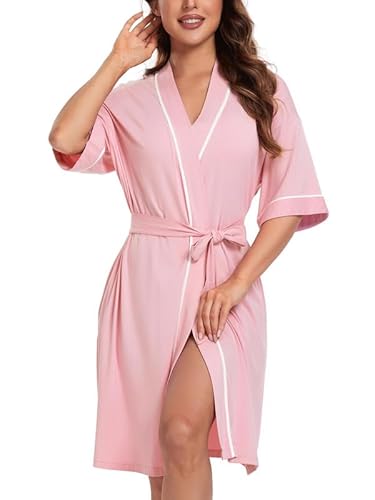 COLORFULLEAF Bademantel Damen Kurz aus Bambus Baumwolle Leichter Morgenmantel Damen Dünn Leicht Kimono Saunamante(Rosa,L) von COLORFULLEAF