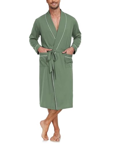 COLORFULLEAF Bademantel Herren aus 100% Baumwolle Leicht Sauna Morgenmantel Männern Reisebademantel Saunamantel mit Tasche(Armeegrün,M) von COLORFULLEAF