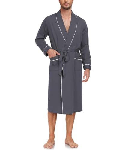 COLORFULLEAF Bademantel Herren aus 100% Baumwolle Leicht Sauna Morgenmantel Männern Reisebademantel Saunamantel mit Tasche(Eisen Grau,L) von COLORFULLEAF