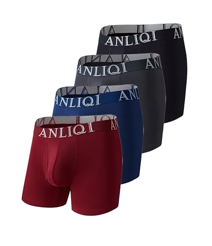 COLORFULLEAF Bambus Boxershorts Herren Lang 3/6/7er Pack Unterhosen Männer Stretch Atmungsaktiv Unterwäsche mit Eingriff(1Schwarz 1Grau 1Blau 1Rot,XL) von COLORFULLEAF