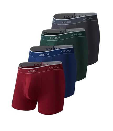 COLORFULLEAF Bambus Boxershorts Herren Lang 3/6/7er Pack Unterhosen Männer Stretch Atmungsaktiv Unterwäsche mit Eingriff(1Grün 1Grau 1Marine 1Rot,M) von COLORFULLEAF
