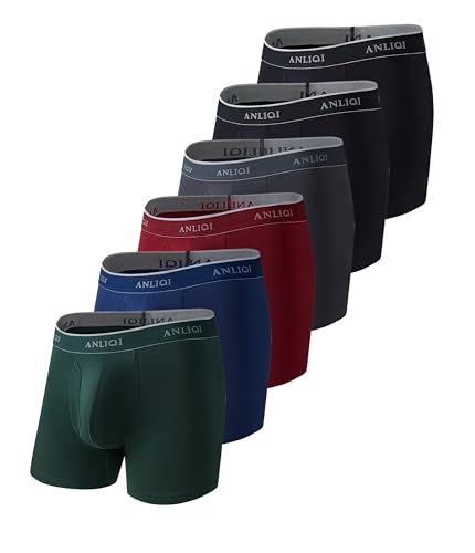 COLORFULLEAF Bambus Boxershorts Herren Lang 3/6/7er Pack Unterhosen Männer Stretch Atmungsaktiv Unterwäsche mit Eingriff(2Schwarz 1Grau 1Marine 1Rot 1Grün,M) von COLORFULLEAF