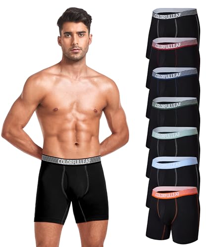 COLORFULLEAF Bambus Boxershorts Herren Lang 3/6/7er Pack Unterhosen Männer Stretch Atmungsaktiv Unterwäsche mit Eingriff(Schwarz*7er Pack,L) von COLORFULLEAF
