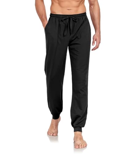 COLORFULLEAF Baumwolle Jogginghose Herren Baumwolle Schlafanzughose Männer Lang Schlafhose Leichte Freizeithose Sweatpants mit Bündchen(Schwarz,M) von COLORFULLEAF