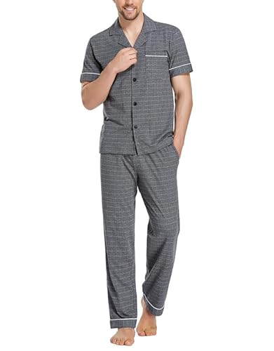 COLORFULLEAF Baumwolle Pyjama Herren Kariert Schlafanzug Kurzarm Oberteil Langer Hose Zweiteiliger Nachtwäsche Loungewear für Männer(Grau,S) von COLORFULLEAF