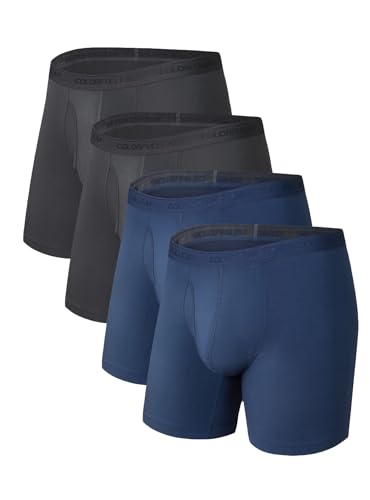 COLORFULLEAF Bambus Boxershorts Herren Langes Bein Superweich Unterhosen Männer Stretch Unterwäsche mit Eingriff 3/4er Pack(Blau+Dunkelgrau-4er Pack,S) von COLORFULLEAF
